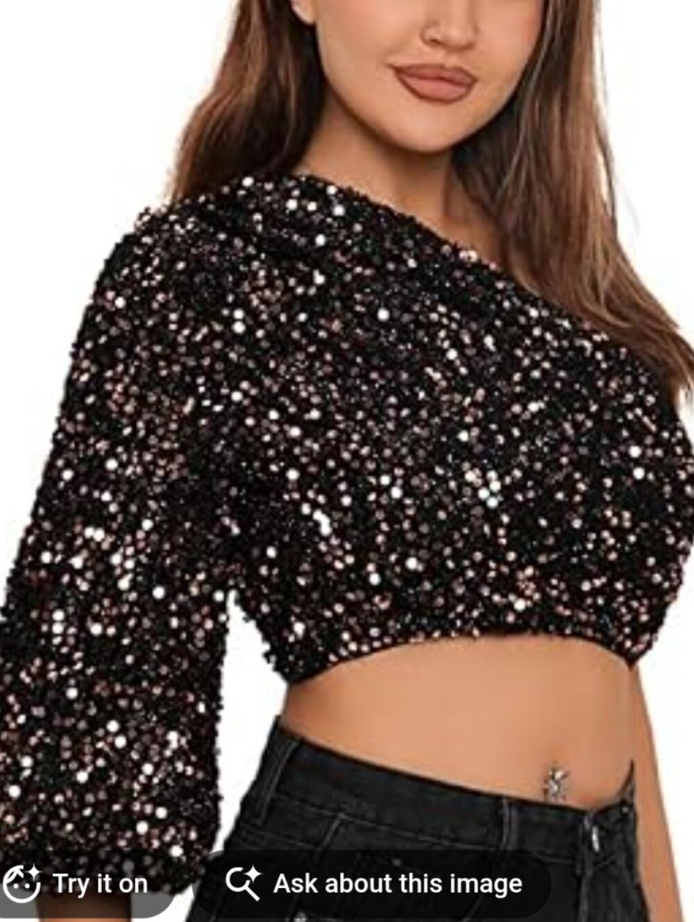 Sequin Long-Sleeve Crop Top Balloon Sleeves, M